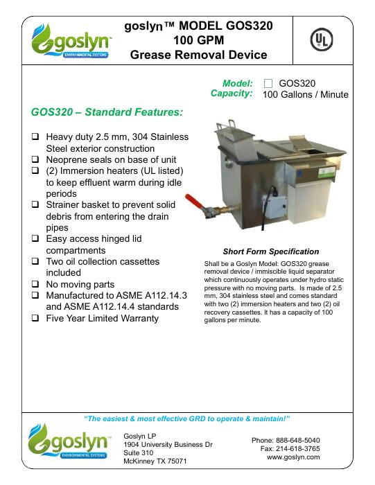 Preview of Goslyn GOS320 technical specification sheet