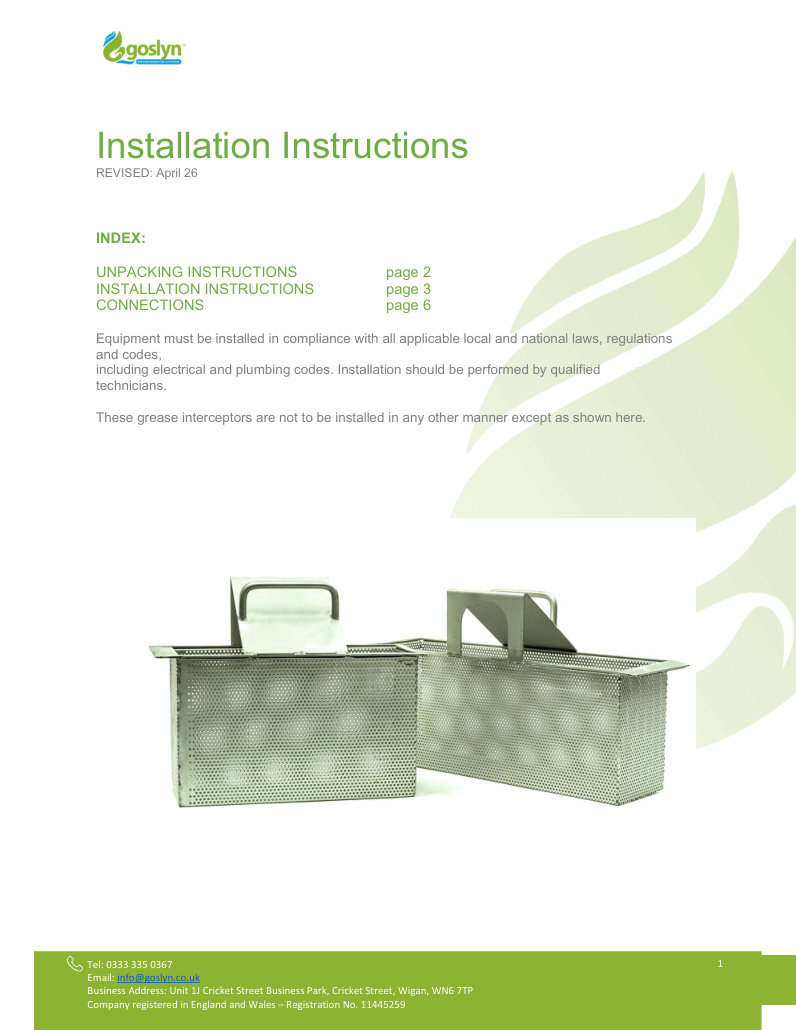 Front page preview of Installation Instructions PDF